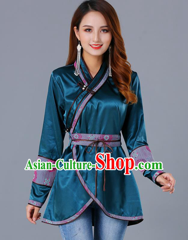 Traditional Chinese Ethnic Woman Dark Green Blouse Apparels Mongol Minority Upper Outer Garment Mongolian Nationality Informal Costume