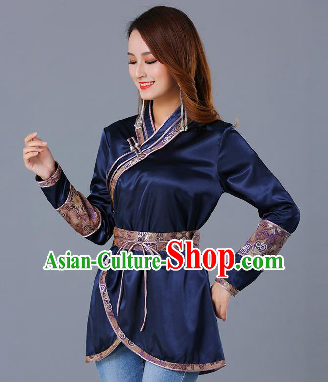 Traditional Chinese Ethnic Woman Navy Blouse Apparels Mongol Minority Upper Outer Garment Mongolian Nationality Informal Costume