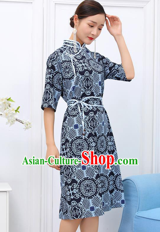Traditional Chinese Ethnic Woman Blue Dress Mongol Minority Garment Costume Mongolian Nationality Informal Apparels