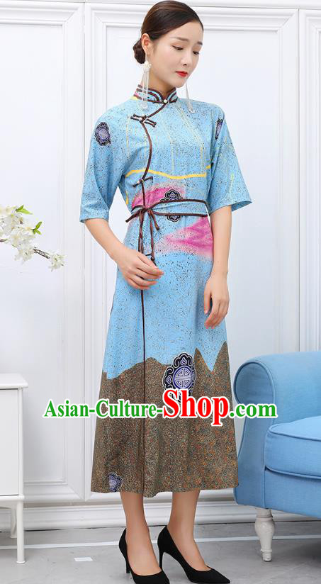 Traditional Chinese Ethnic Blue Chiffon Dress Mongol Minority Garment Costume Mongolian Nationality Informal Apparels for Woman