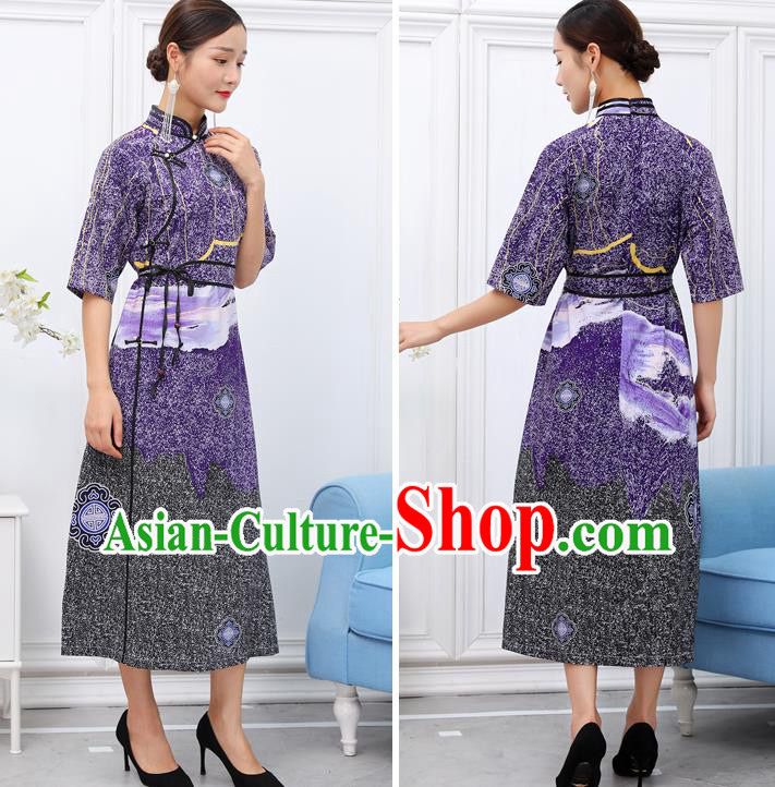 Traditional Chinese Ethnic Purple Chiffon Dress Mongol Minority Garment Costume Mongolian Nationality Informal Apparels for Woman