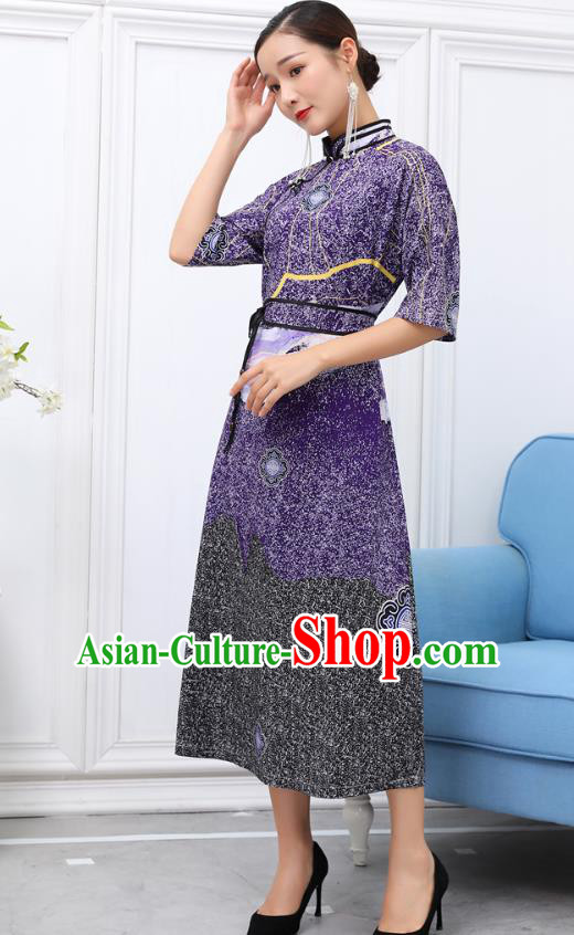 Traditional Chinese Ethnic Purple Chiffon Dress Mongol Minority Garment Costume Mongolian Nationality Informal Apparels for Woman