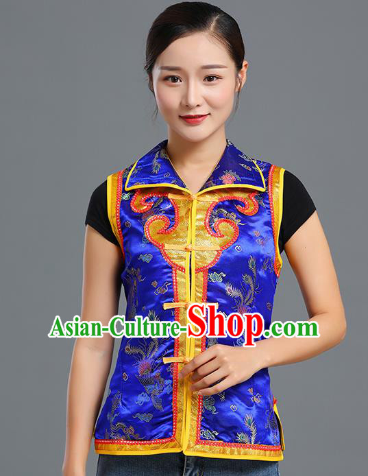 Traditional Chinese Mongol Ethnic Royalblue Brocade Vest Minority Garment Costume Mongolian Nationality Informal Waistcoat Apparels for Woman