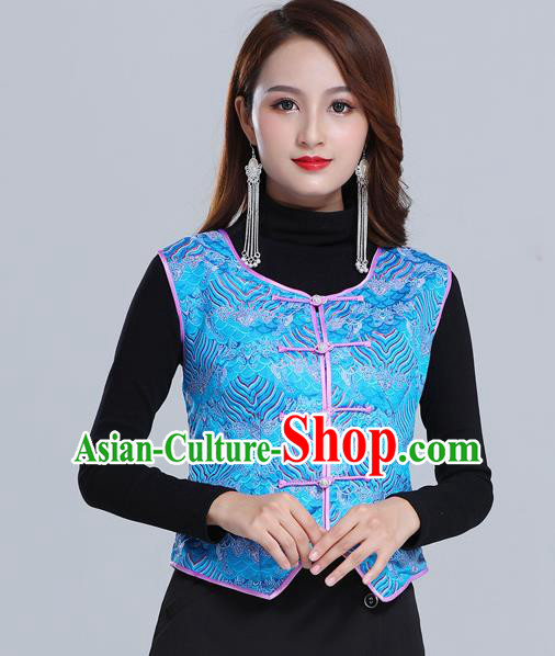 Traditional Chinese Tang Suit Blue Brocade Vest Mongol Ethnic Minority Garment Mongolian Nationality Waistcoat Apparels Costume for Woman