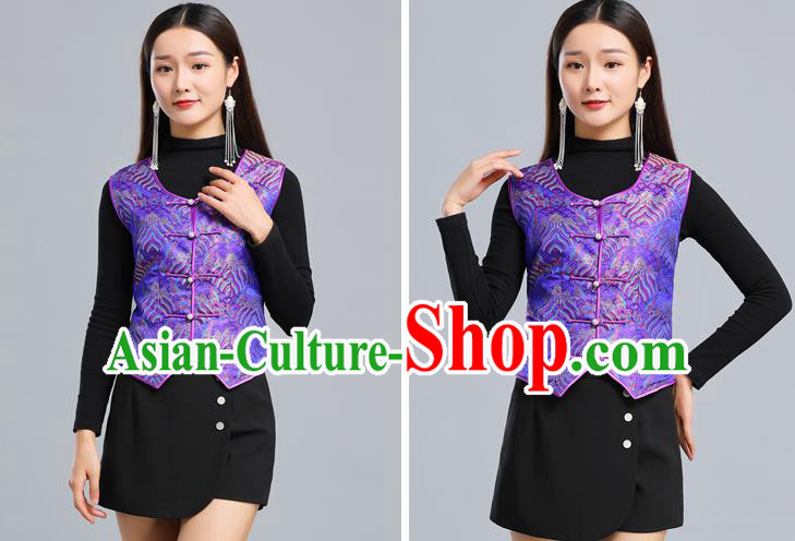 Traditional Chinese Tang Suit Purple Brocade Vest Mongol Ethnic Minority Garment Mongolian Nationality Waistcoat Apparels Costume for Woman