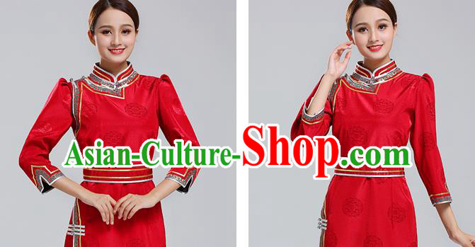 Traditional Chinese Ethnic Costume Mongol Minority Red Dress Garment Mongolian Nationality Apparels for Woman