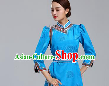 Traditional Chinese Ethnic Costume Mongol Minority Blue Dress Garment Mongolian Nationality Apparels for Woman