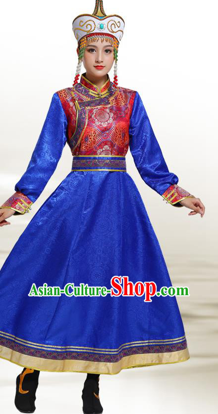 Traditional Chinese Ethnic Folk Dance Costume Mongol Minority Royalblue Dress Garment Mongolian Nationality Women Apparels