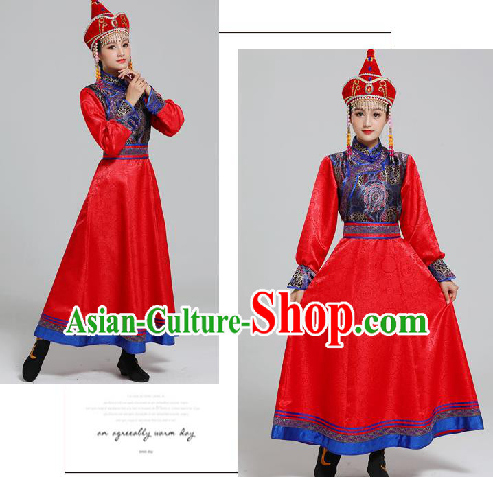 Traditional Chinese Ethnic Folk Dance Costume Mongol Minority Red Dress Garment Mongolian Nationality Women Apparels