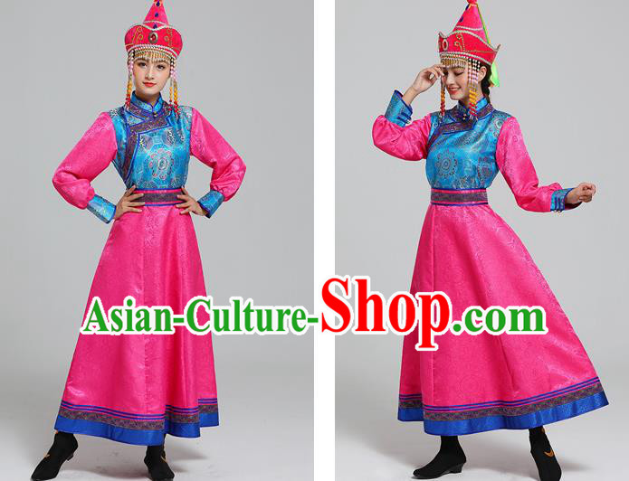 Traditional Chinese Ethnic Folk Dance Costume Mongol Minority Rosy Dress Garment Mongolian Nationality Women Apparels