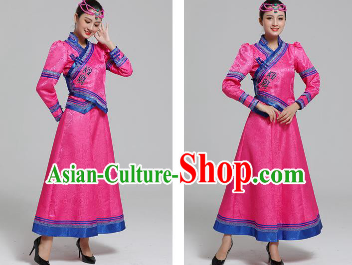 Traditional Chinese Mongol Minority Ethnic Costume Garment Mongolian Nationality Women Folk Dance Apparels Rosy Blouse and Skirt