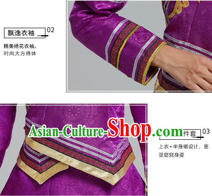 Traditional Chinese Mongol Minority Ethnic Costume Garment Mongolian Nationality Women Folk Dance Apparels Purple Blouse and Skirt