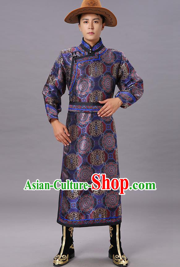 Chinese Traditional Ethnic Dance Garment Mongol Minority Costume Navy Brocade Mongolian Robe for Men