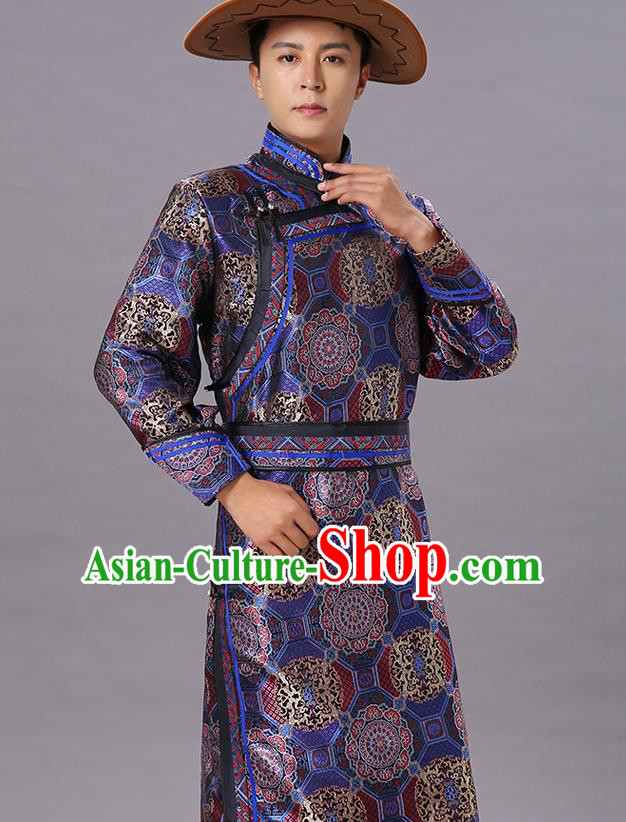 Chinese Traditional Ethnic Dance Garment Mongol Minority Costume Navy Brocade Mongolian Robe for Men