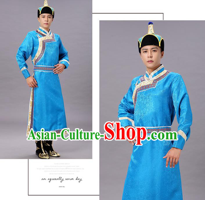 Chinese Traditional Ethnic Blue Brocade Mongolian Robe Dance Garment Mongol Minority Costume for Men