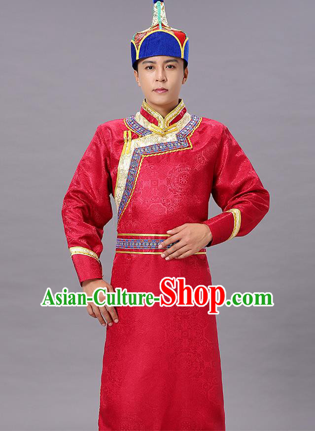 Chinese Traditional Ethnic Red Brocade Mongolian Robe Dance Garment Mongol Minority Costume for Men
