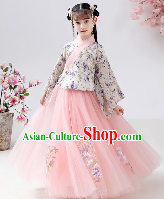 Chinese Ancient Children Costumes Traditional Hanfu Ming Dynasty Girls Printing Blouse and Pink Skirt for Kids