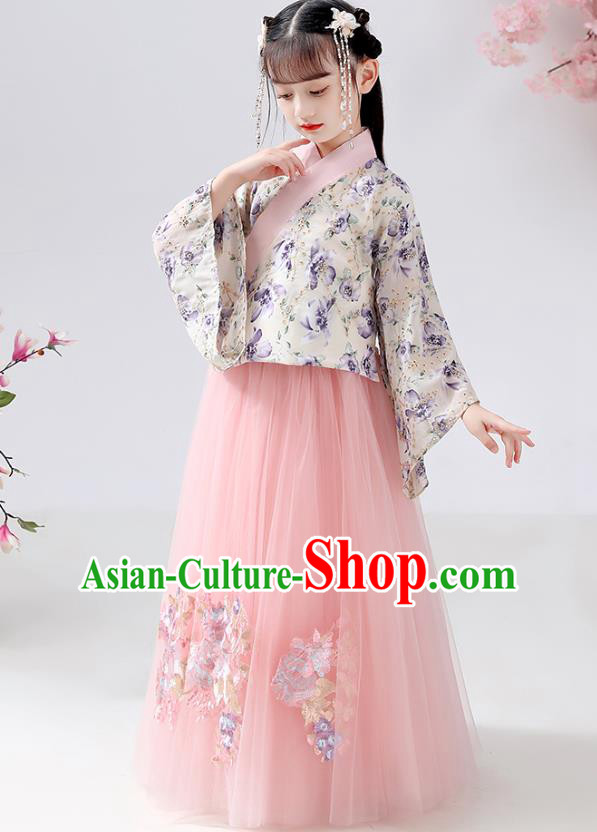 Chinese Ancient Children Costumes Traditional Hanfu Ming Dynasty Girls Printing Blouse and Pink Skirt for Kids
