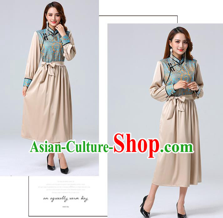Traditional Chinese Mongol Minority Ethnic Costume Garment Mongolian Nationality Women Champagne Dress Apparels