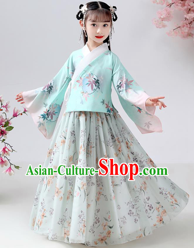 Chinese Ancient Children Costumes Traditional Hanfu Ming Dynasty Girls Green Blouse and Printing Skirt for Kids