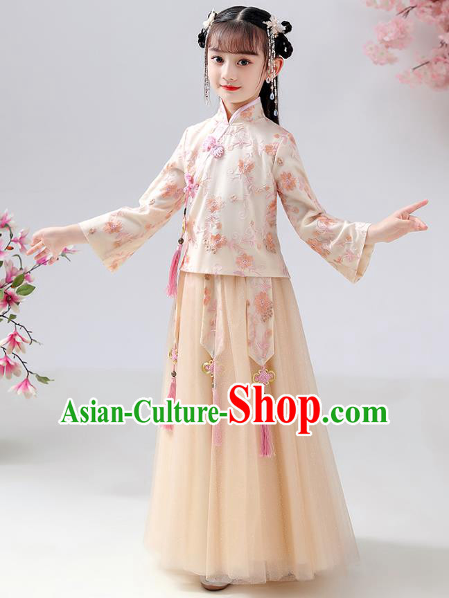 Chinese Traditional Hanfu Ming Dynasty Girls Printing Beige Blouse and Skirt Ancient Children Costumes for Kids