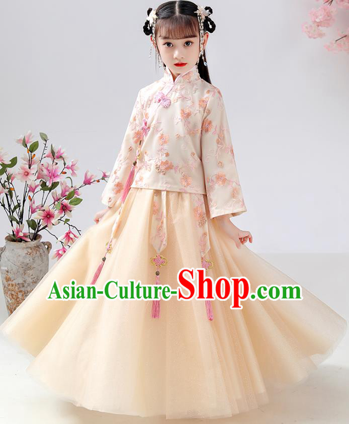 Chinese Traditional Hanfu Ming Dynasty Girls Printing Beige Blouse and Skirt Ancient Children Costumes for Kids