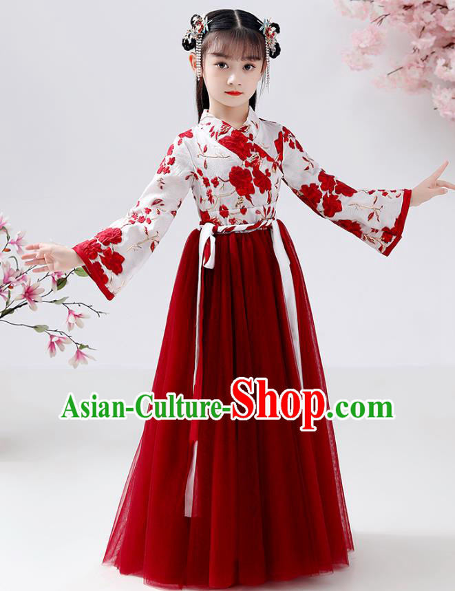 Chinese Traditional Hanfu Ming Dynasty Girls Blouse and Red Skirt Ancient Children Chiffon Costumes for Kids