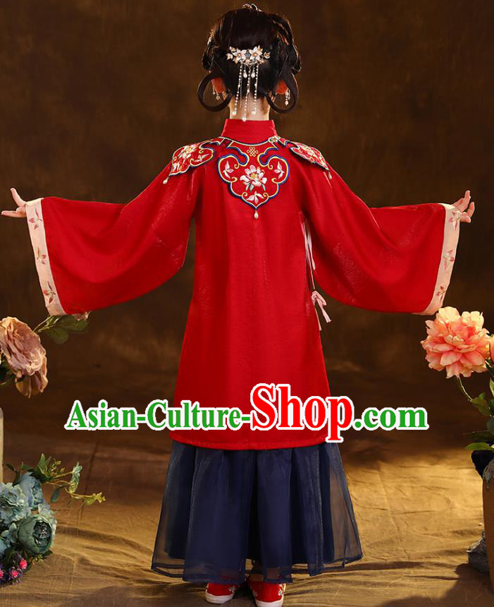 Chinese Traditional Tang Suit Red Blouse and Navy Skirt Ancient Girl Hanfu Costumes for Kids