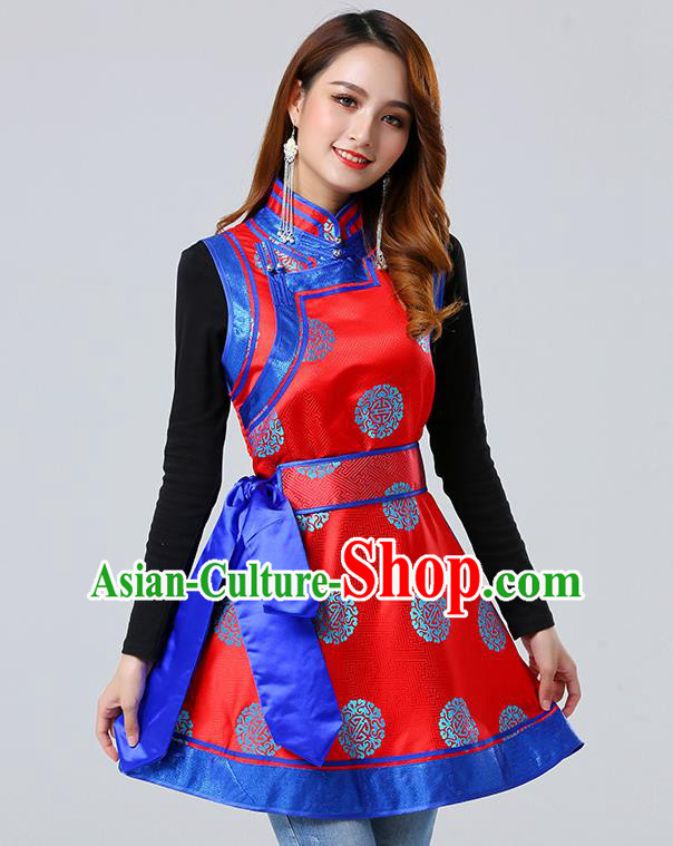 Traditional Chinese Mongol Minority Red Brocade Vest Dress Ethnic Costume Mongolian Nationality Women Garment Apparels