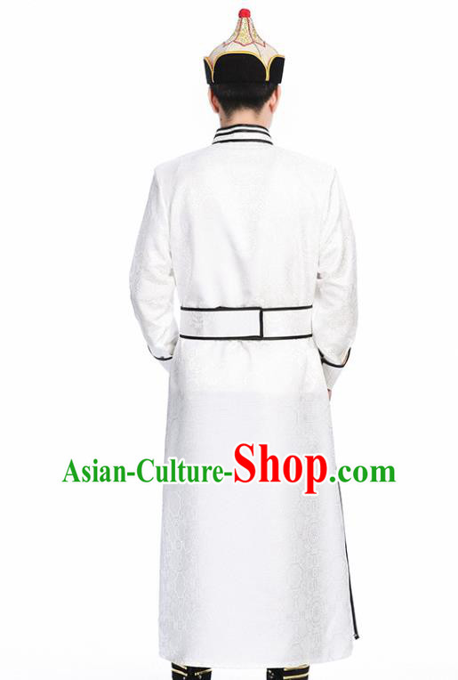 Chinese Traditional White Brocade Mongolian Robe Ethnic Men Dance Garment Mongol Minority Wedding Costume