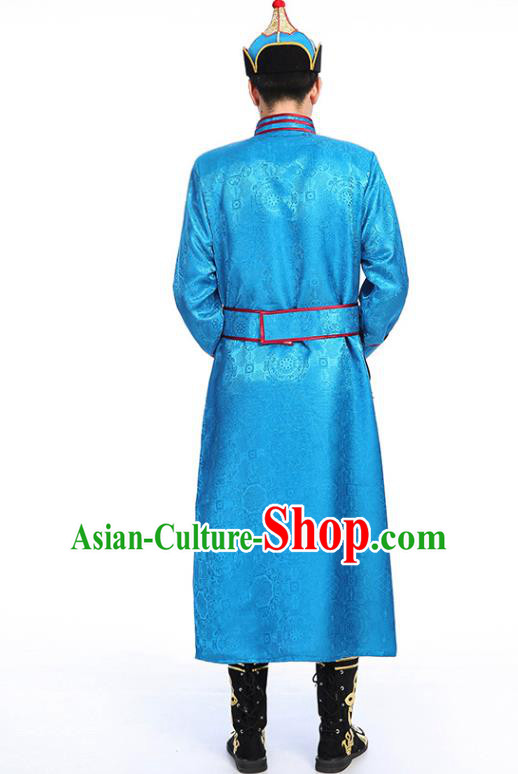 Chinese Traditional Blue Brocade Mongolian Robe Ethnic Men Dance Garment Mongol Minority Wedding Costume