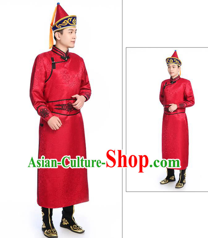 Chinese Traditional Red Brocade Mongolian Robe Ethnic Men Dance Garment Mongol Minority Wedding Costume