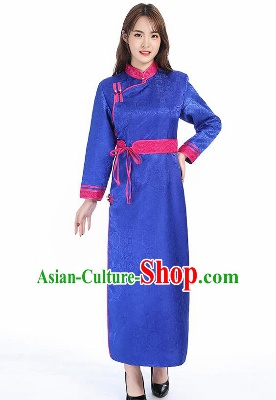 Traditional Chinese Mongol Minority Royalblue Brocade Mongolian Robe Apparels Ethnic Costume Mongolian Nationality Women Garment Dress