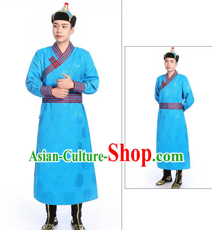 Chinese Traditional Ethnic Blue Mongolian Robe Mongolian Men Dance Garment Mongol Minority Stage Performance Costume