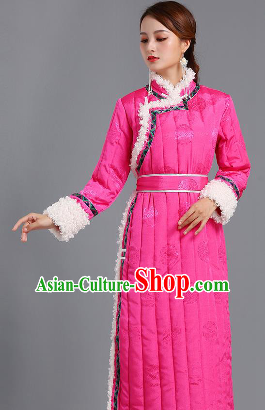Traditional Chinese Mongol Minority Women Pink Mongolian Robe Apparels Ethnic Costume Mongolian Nationality Winter Garment