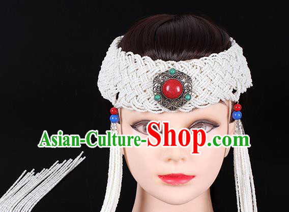 Traditional Chinese Mongol Minority Women Hair Accessories Mongolian Ethnic Dance White Beads Tassel Hair Clasp
