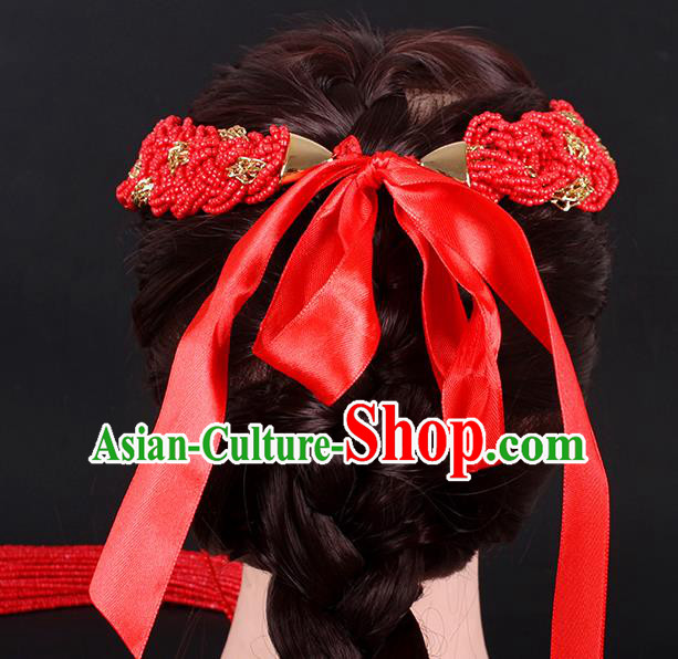 Traditional Chinese Mongol Minority Red Beads Tassel Hair Accessories Mongolian Ethnic Women Dance Hair Clasp