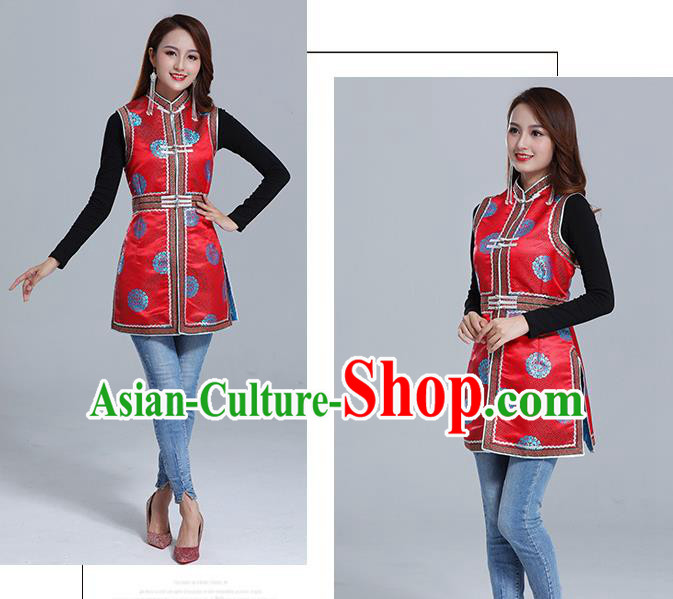 Traditional Chinese Ethnic Women Red Brocade Vest Apparels Mongol Minority Garment Nationality Folk Dance Costume