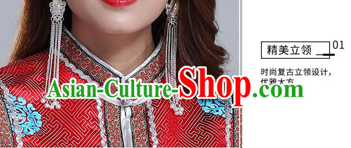 Traditional Chinese Ethnic Women Red Brocade Vest Apparels Mongol Minority Garment Nationality Folk Dance Costume