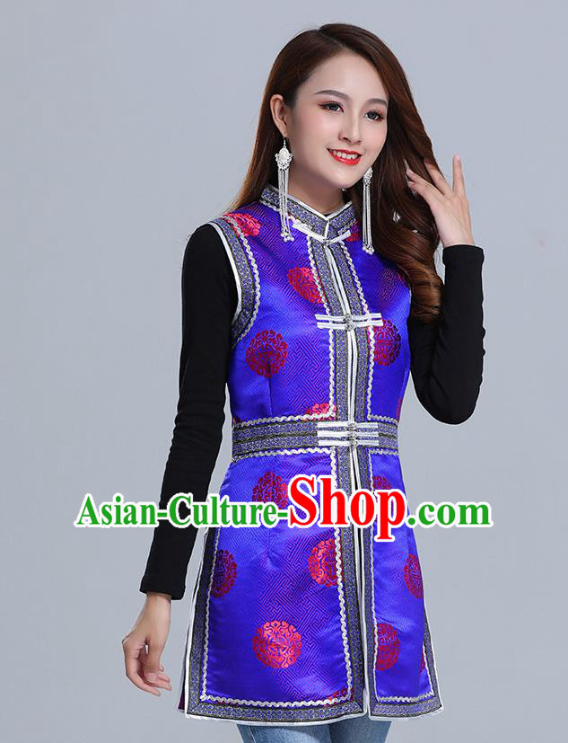 Traditional Chinese Ethnic Women Royalblue Brocade Vest Apparels Mongol Minority Garment Nationality Folk Dance Costume