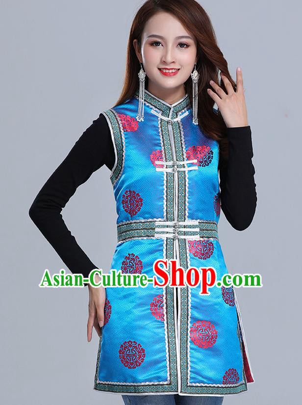Traditional Chinese Ethnic Women Blue Brocade Vest Apparels Mongol Minority Garment Nationality Folk Dance Costume