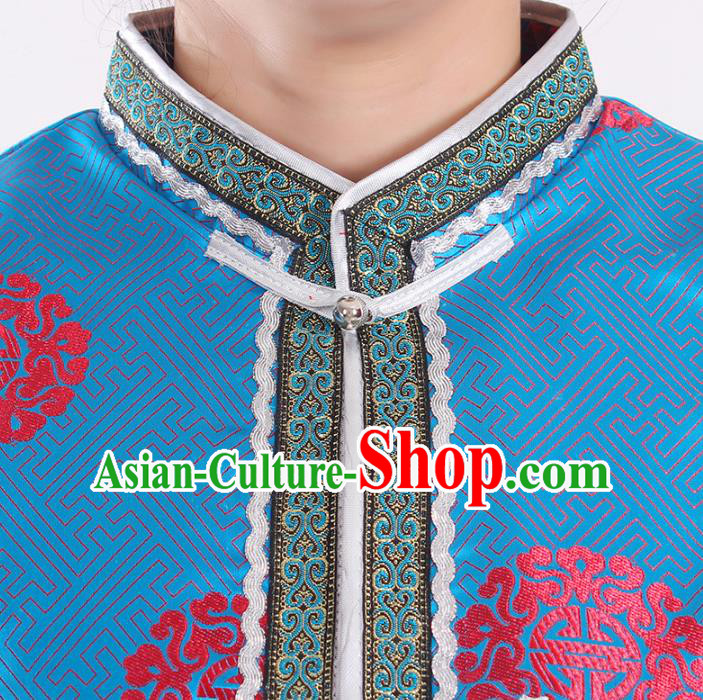 Traditional Chinese Ethnic Women Blue Brocade Vest Apparels Mongol Minority Garment Nationality Folk Dance Costume