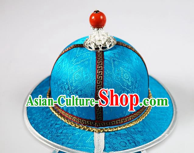 Traditional Chinese Mongol Minority Children Blue Brocade Hat Mongolian Ethnic Dance Performance Headwear for Kids
