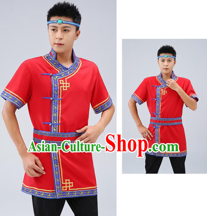 Chinese Traditional Ethnic Red Short Sleeve Shirt Mongolian Dance Upper Outer Garment Mongol Minority Men Costume