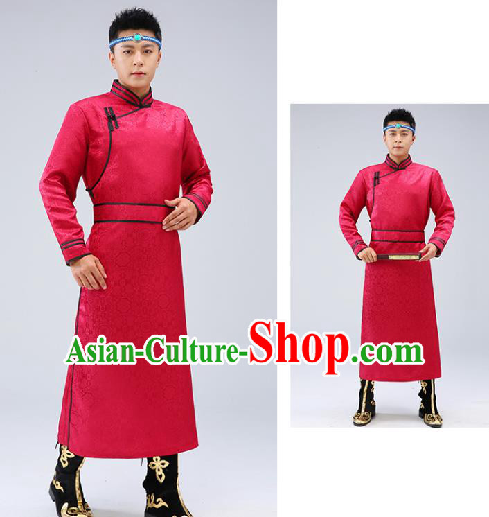 Chinese Traditional Men Red Brocade Mongolian Robe Ethnic Dance Garment Mongol Minority Wedding Costume