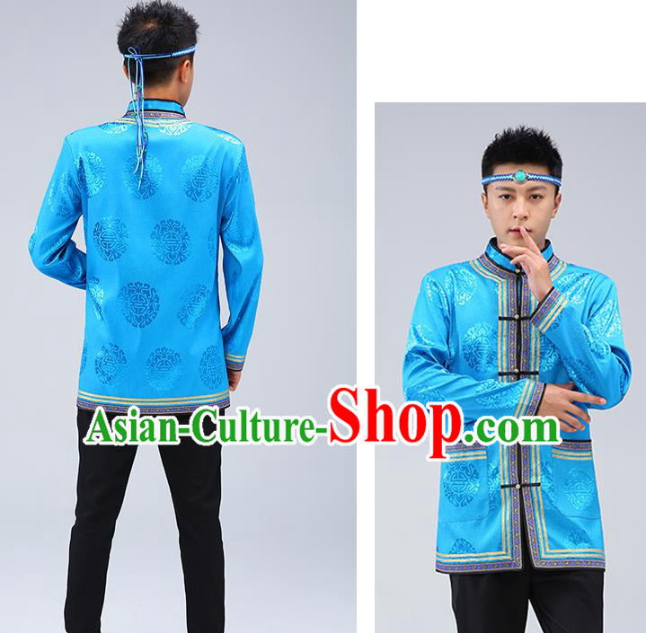 Chinese Traditional Mongolian Men Blue Brocade Shirt Mongol Minority Costume Ethnic Dance Upper Outer Garment