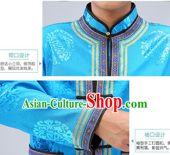Chinese Traditional Mongolian Men Blue Brocade Shirt Mongol Minority Costume Ethnic Dance Upper Outer Garment