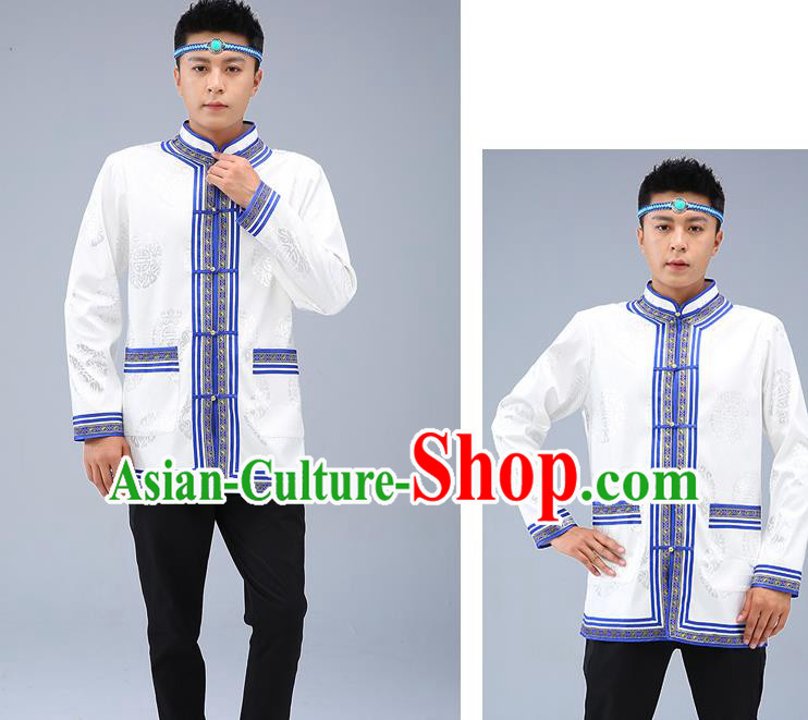 Chinese Traditional Mongolian Men White Brocade Shirt Mongol Minority Costume Ethnic Dance Upper Outer Garment