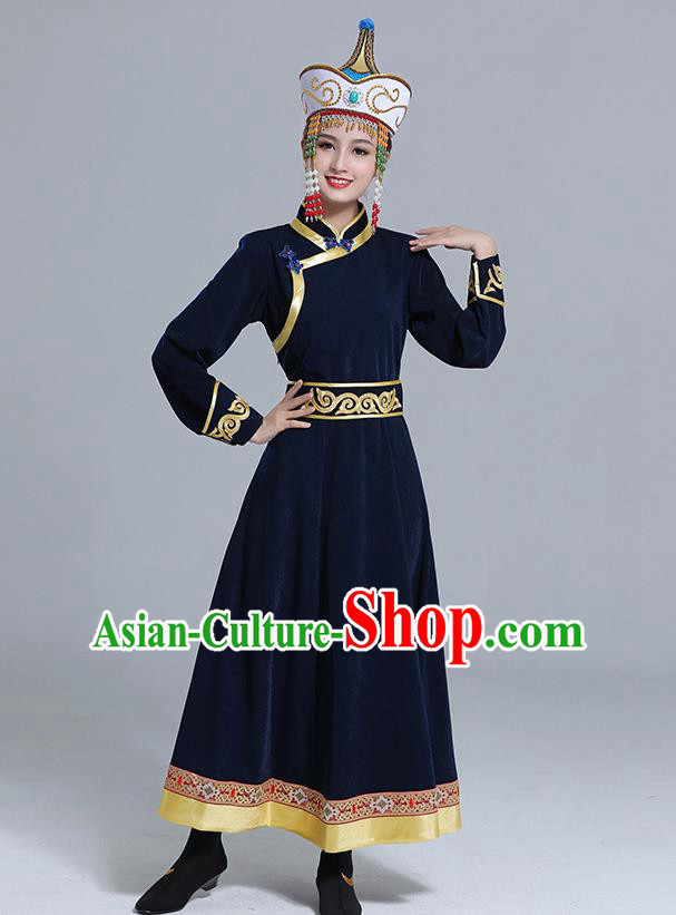 Traditional Chinese Mongol Minority Wedding Mongolian Robe Dance Apparels Mongolian Nationality Costume Ethnic Women Navy Dress Garment