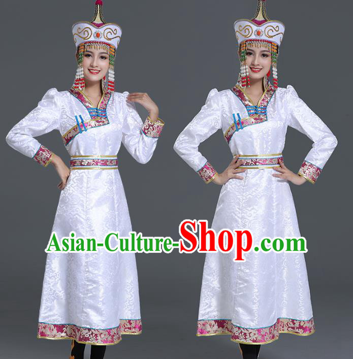 Traditional Chinese Ethnic Women White Brocade Mongolian Robe Dance Apparels Mongol Minority Dress Garment Nationality Costume